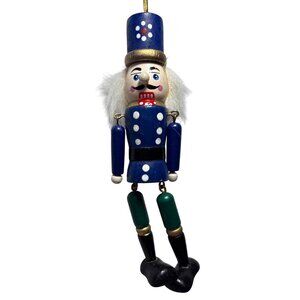 Vintage Wooden Nutcracker Soldier Ornament With White Hair & Blue Uniform 6"